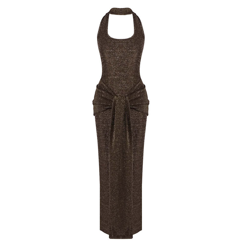 Womens Coffee Brown Spliced Long Dress