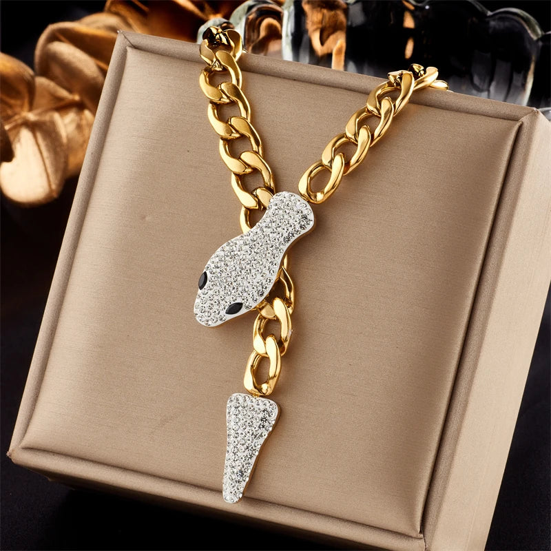 Stainless Steel Punk Gold Plated Cubic Zirconia Pendant Cuban Link Statament Necklace For Women Men Party Gift