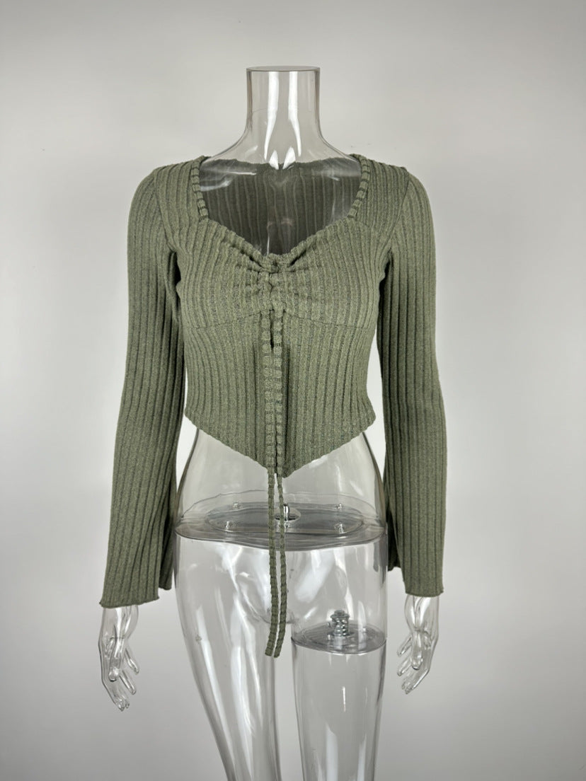 V-neck drawstring flared sleeve women's clothing
