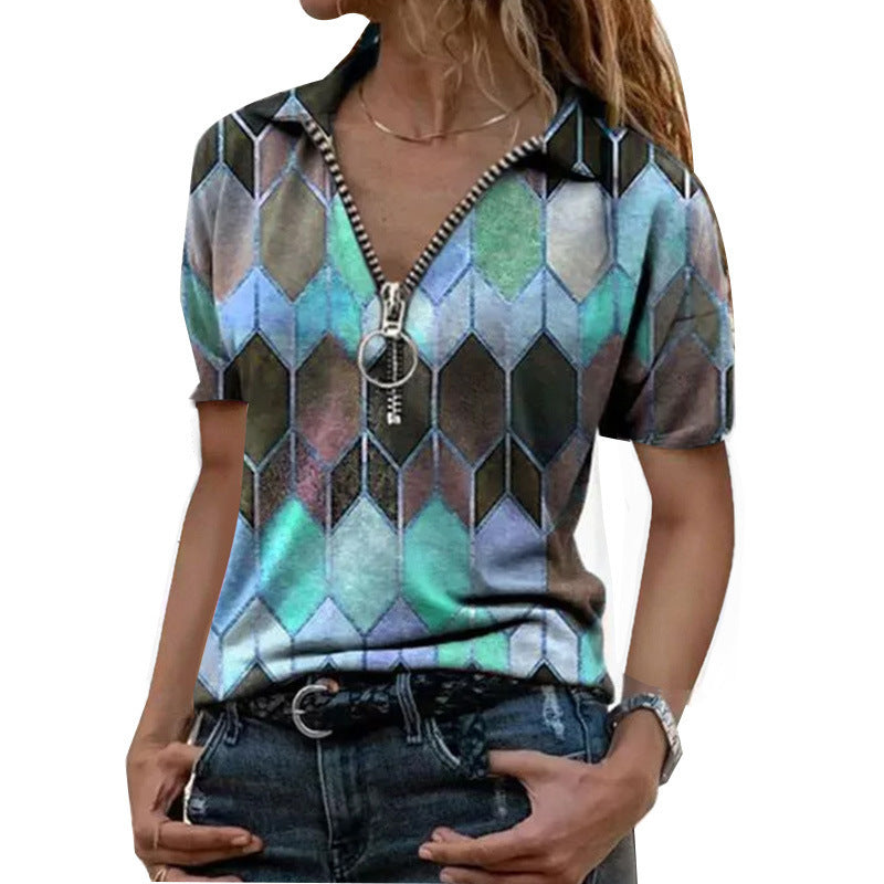 New T-shirt summer short sleeved zipper V-neck contrasting printed base top