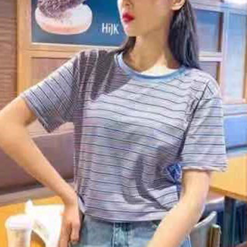 Casual Stripe Short Sleeve T-Shirt for Women, Loose Fit, Student Fashion Top, Basic Innerwear
