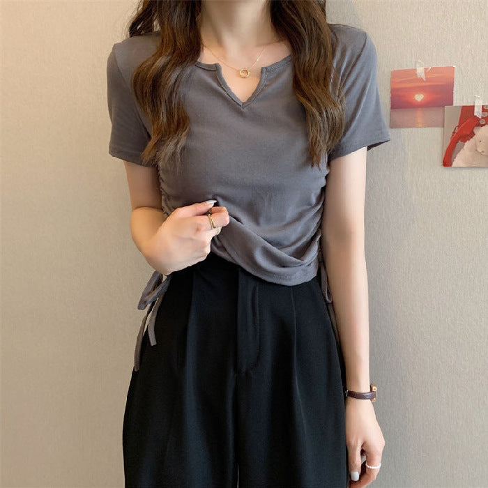 V-Neck Drawstring Fitted Sexy Style Short Sleeve T-Shirt for WomenFashionable Casual Top