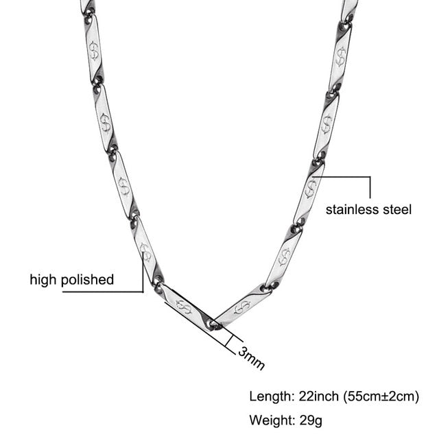 High Polished Gold Color Titanium Stainless Steel US Dollar Pattern Stick Aberdeen Chain Necklaces for Men Jewelry