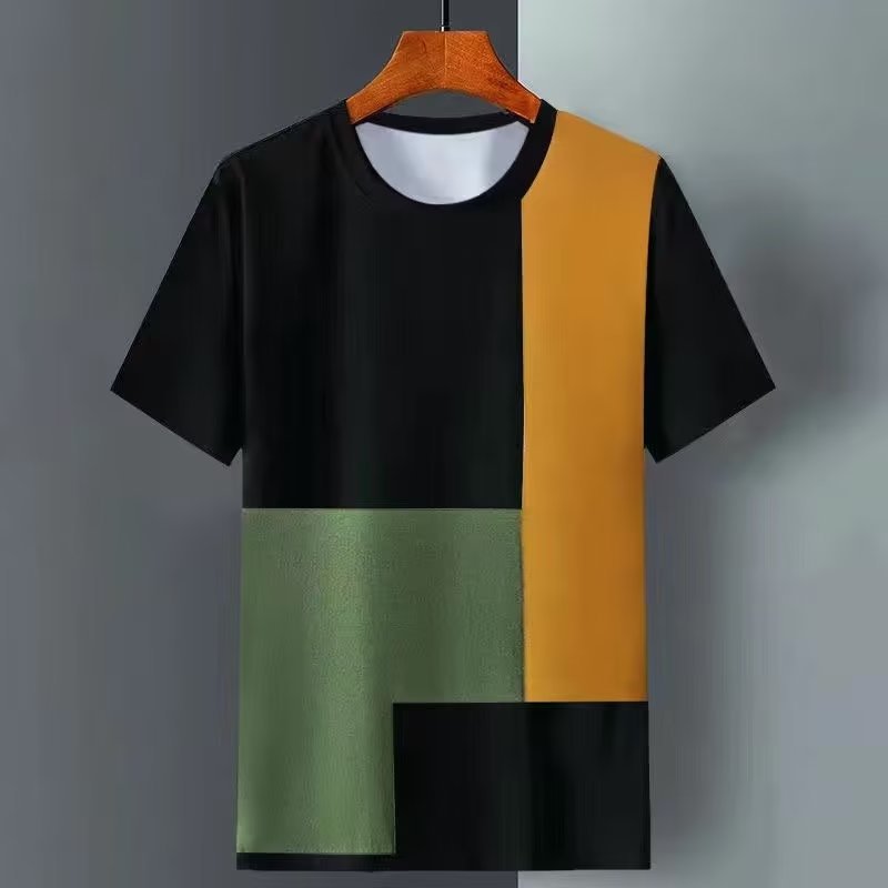Men's Summer Loose Grid Splicing Ice Cool Short Sleeve T-shirt Men's Trendy Top