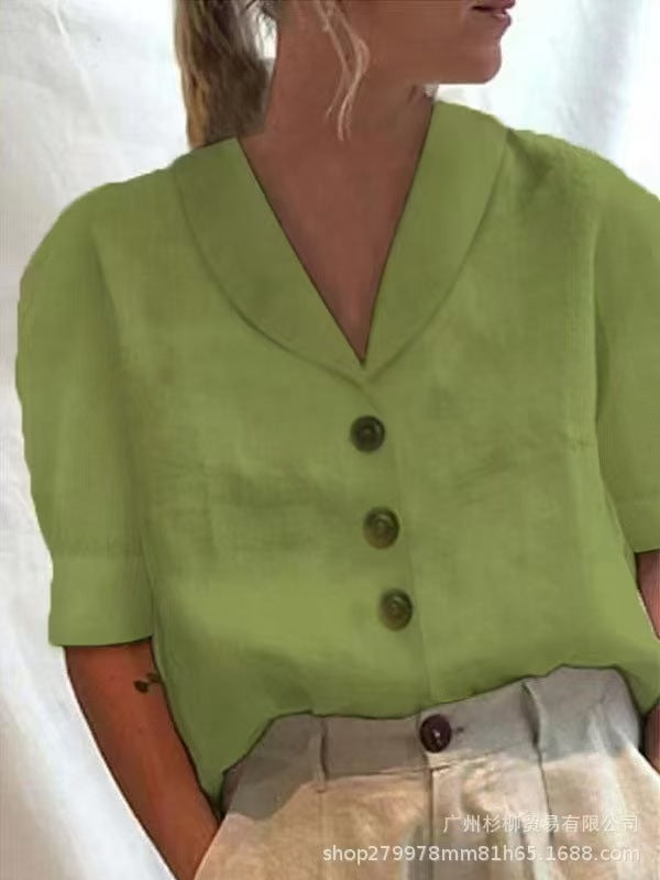 Women's Lapel Button Cotton Linen Top