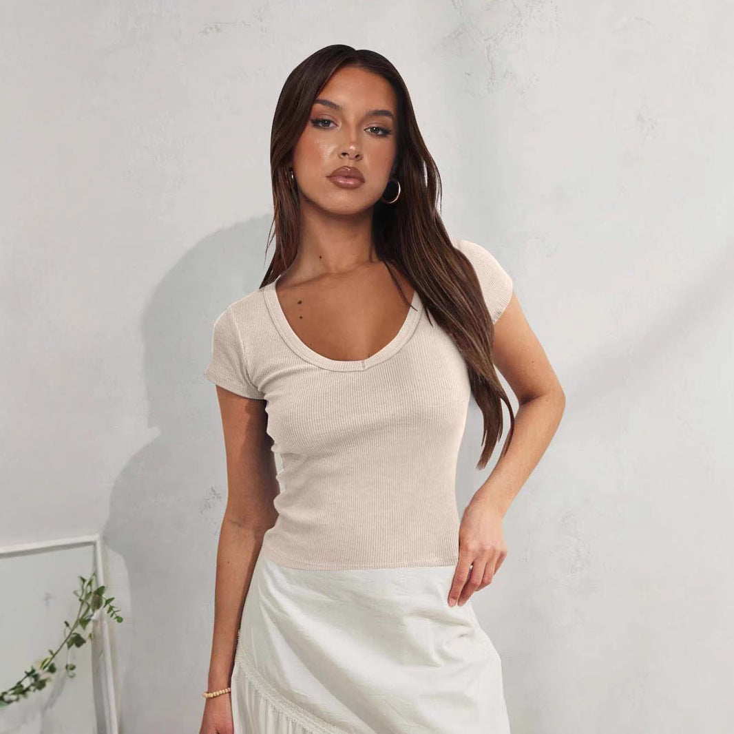 Women's Clothing Ribbed Shoulder Short Sleeve T-Shirt Fitted Versatile Short