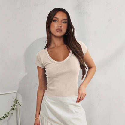 Women's Clothing Ribbed Shoulder Short Sleeve T-Shirt Fitted Versatile Short