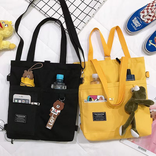 Women's Multiway Canvas Tote Bag with Bear Pendant - Crossbody/Shoulder/Backpack