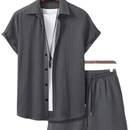 Men's Striped Short-Sleeve Shirt and Drawstring Shorts Set