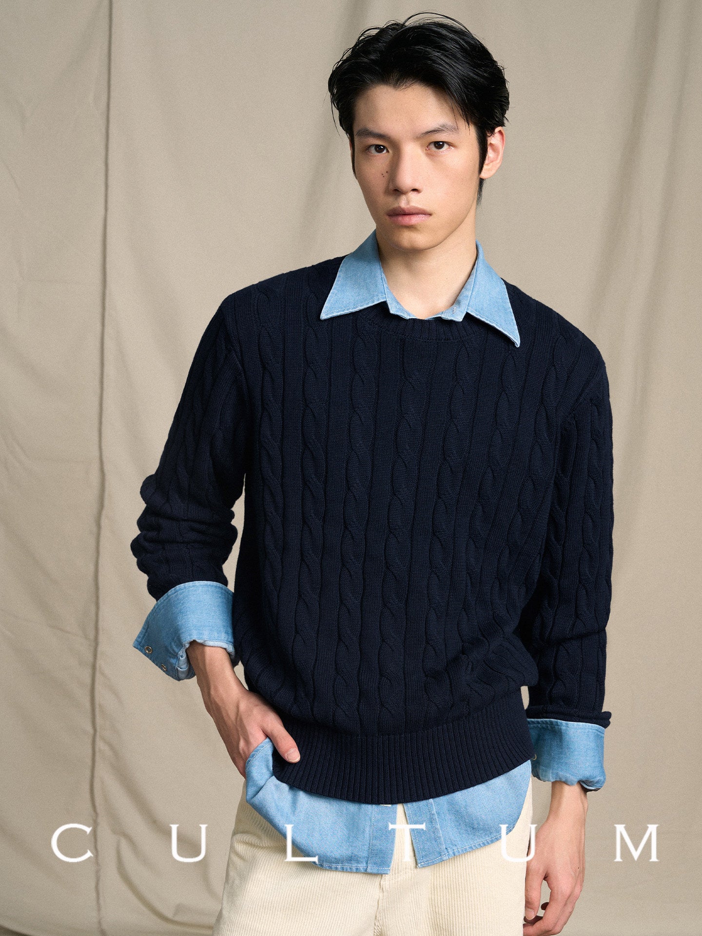 Vintage Cable Knit Cotton Sweater Mens Casual Pullover