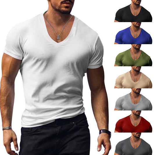 Men's T-shirt European and American summer men's clothing V-neck solid color slim fit casual T-shirt short sleeved top