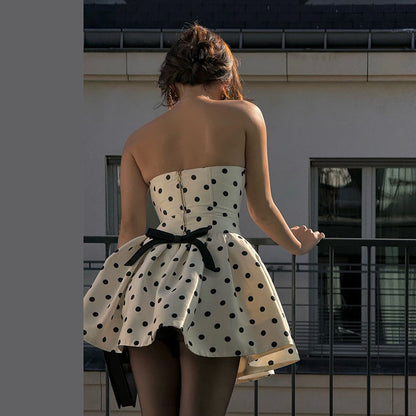 Women Polka Dot Print Tube Top Dress