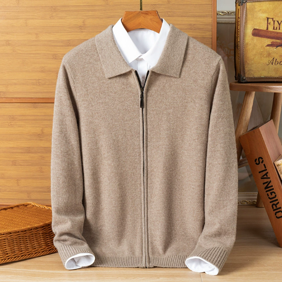 Men's Wool Knit Cardigan Zipper Lapel Jacket