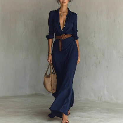 Elegant Pleated Belted Midi Dress