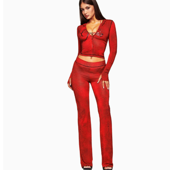 Women's Printed Hooded Long Sleeve Two-Piece Set