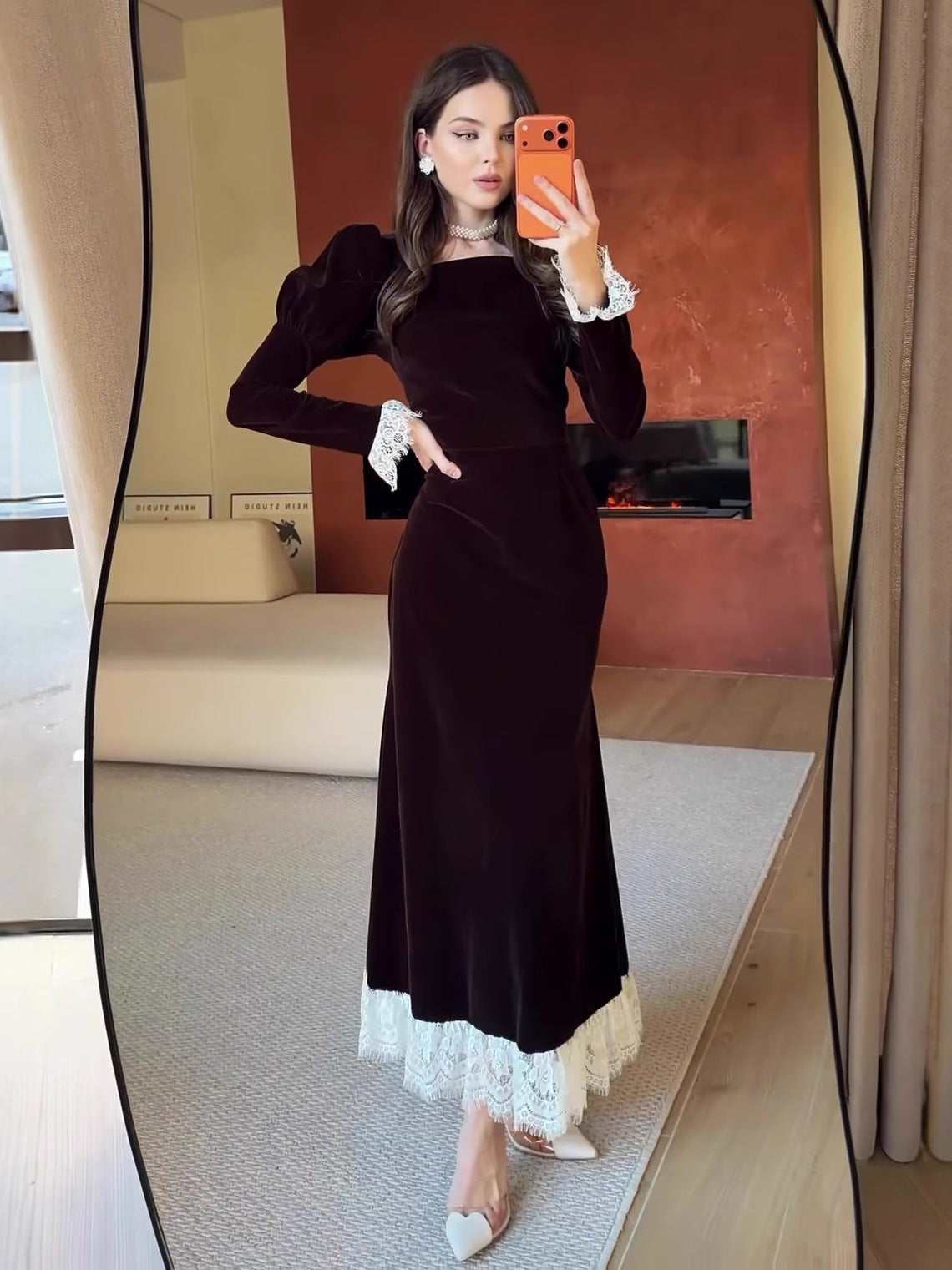 Long Sleeve Square Neck Velvet Dress