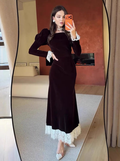 Long Sleeve Square Neck Velvet Dress