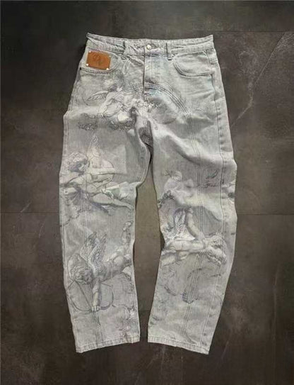 Men Printed Denim Trousers