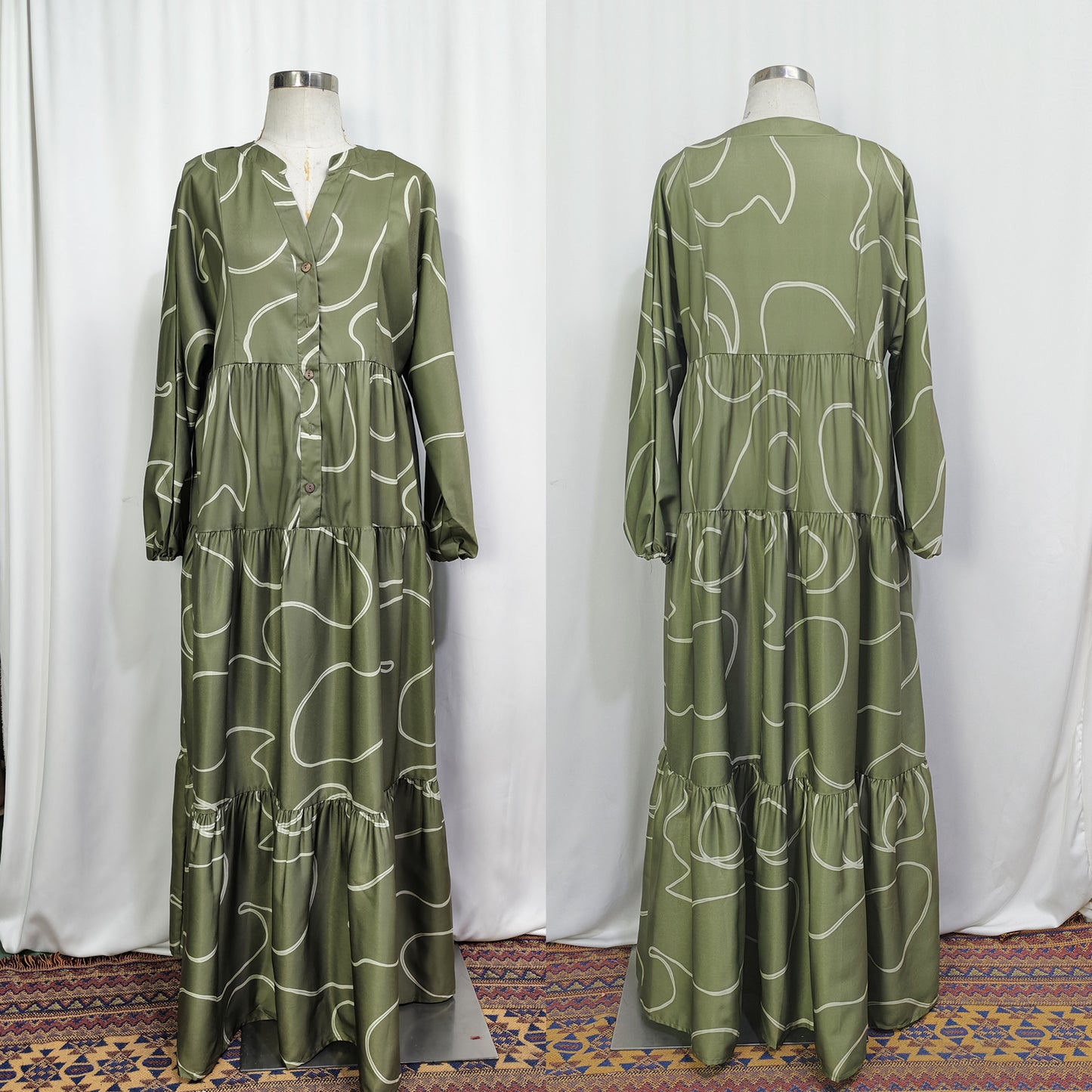 V-Neck Printed Loose Patchwork Long Dress
