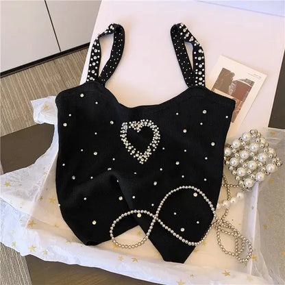 Pearl Beaded Sexy Slim Knit Vests Women's Crop Tops  Summer Sleeveless Stylish Vintage Fashion Chic Ladies Knitwear Jumpers
