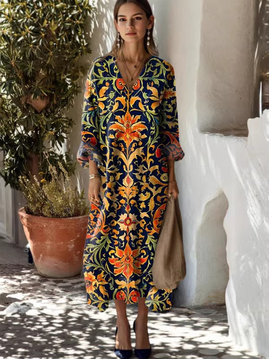 Womens Floral Print V-Neck Long Sleeve Dress