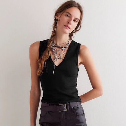 Women's Clothing  Pure Color V-neck Design Back Splicing Sleeveless Fitted Classic Versatile