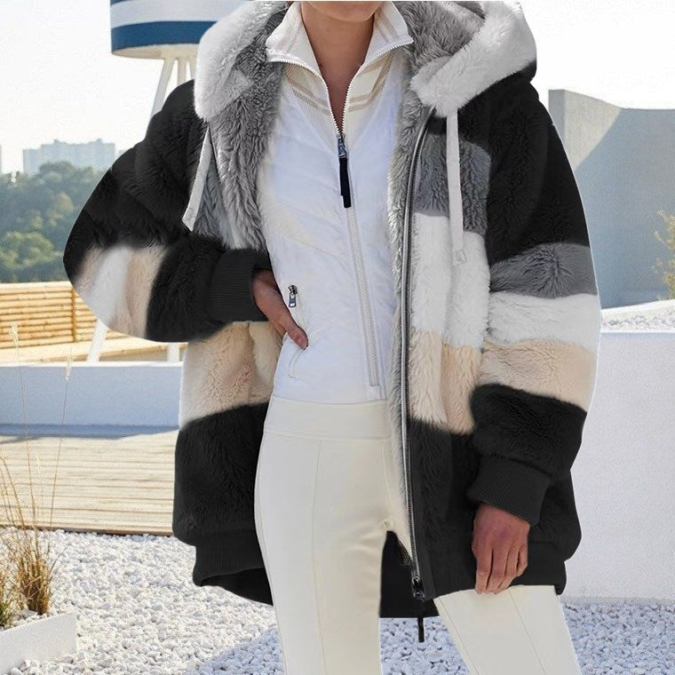 Zipper Pocket Hooded Loose Coat Women