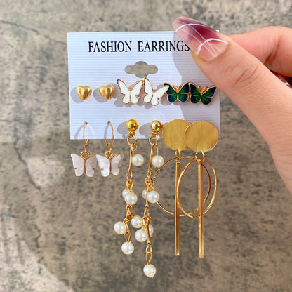 New Inlaid Pearl Ladies Earrings Creative French Vintage Gold Earrings 6 Pieces Set