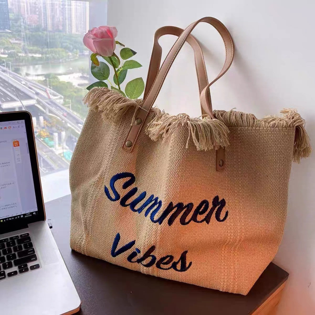 Embroidered Canvas Tote Bag - Large Capacity Women's Shoulder Bag