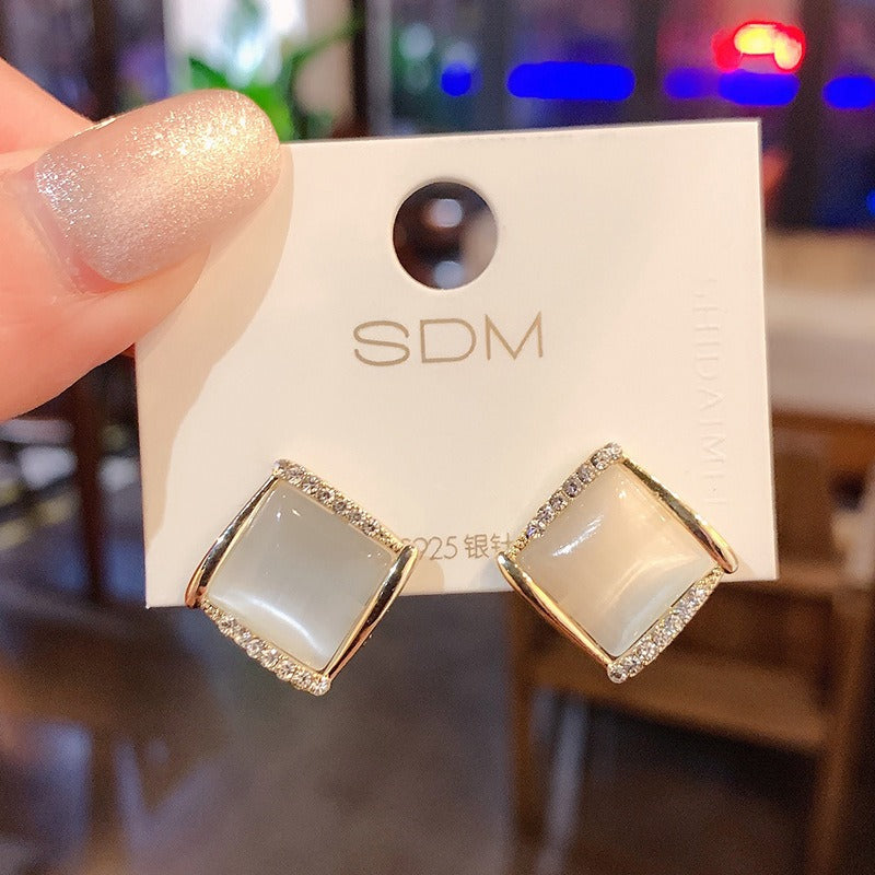 S925 Silver Needle Cat's Eye Small Earrings Female Geometric Square Love Diamond Earrings Simple Atmosphere Earrings