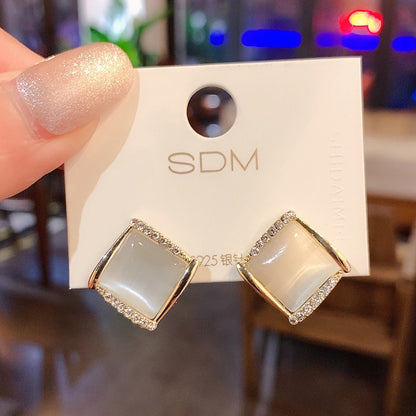 S925 Silver Needle Cat's Eye Small Earrings Female Geometric Square Love Diamond Earrings Simple Atmosphere Earrings