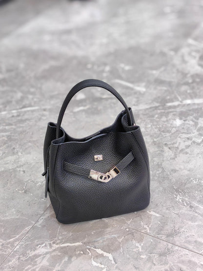 Genuine Leather Bucket Bag with Magnetic Closure
