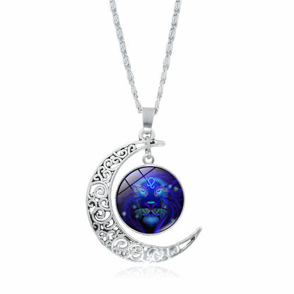 Cross-Border Hot Selling 12 Constellation Necklace Twelve Zodiac Signs Time Gem Moon Glass Pendant European and American Necklace Wholesale