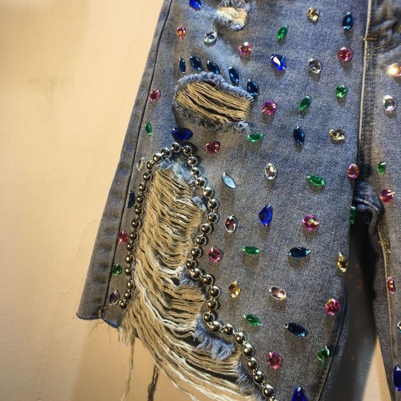 Embellished High-Waist Denim Shorts