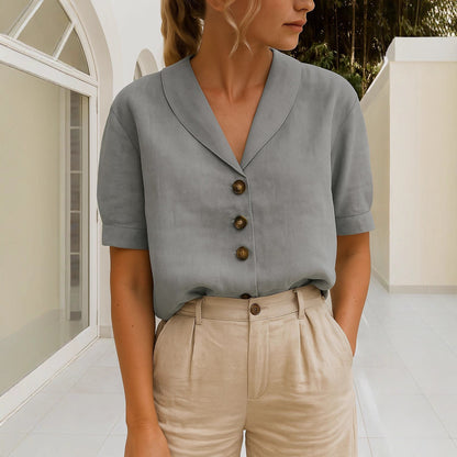 Women's Lapel Button Cotton Linen Top