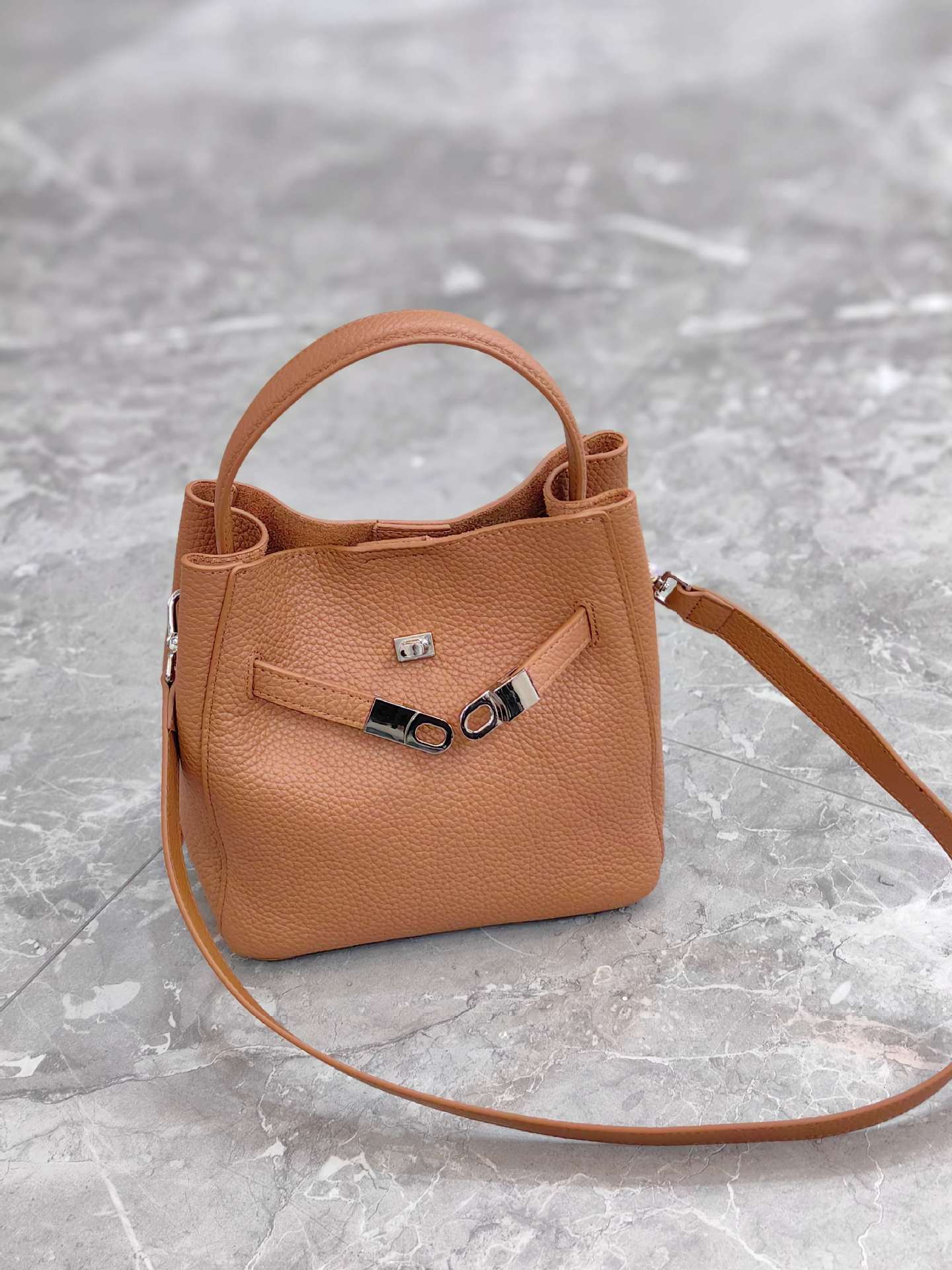 Genuine Leather Bucket Bag with Magnetic Closure