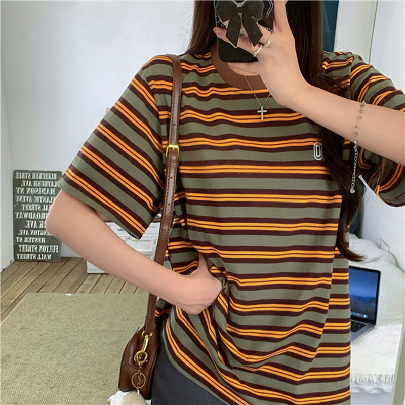 Loose Fit Color-block Stripe Short Sleeve T-shirt