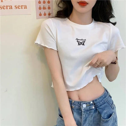 High Waist Crop Top Women's Slim Fit Stretchy Versatile Butterfly Embroidery Short Sleeve T-Shirt