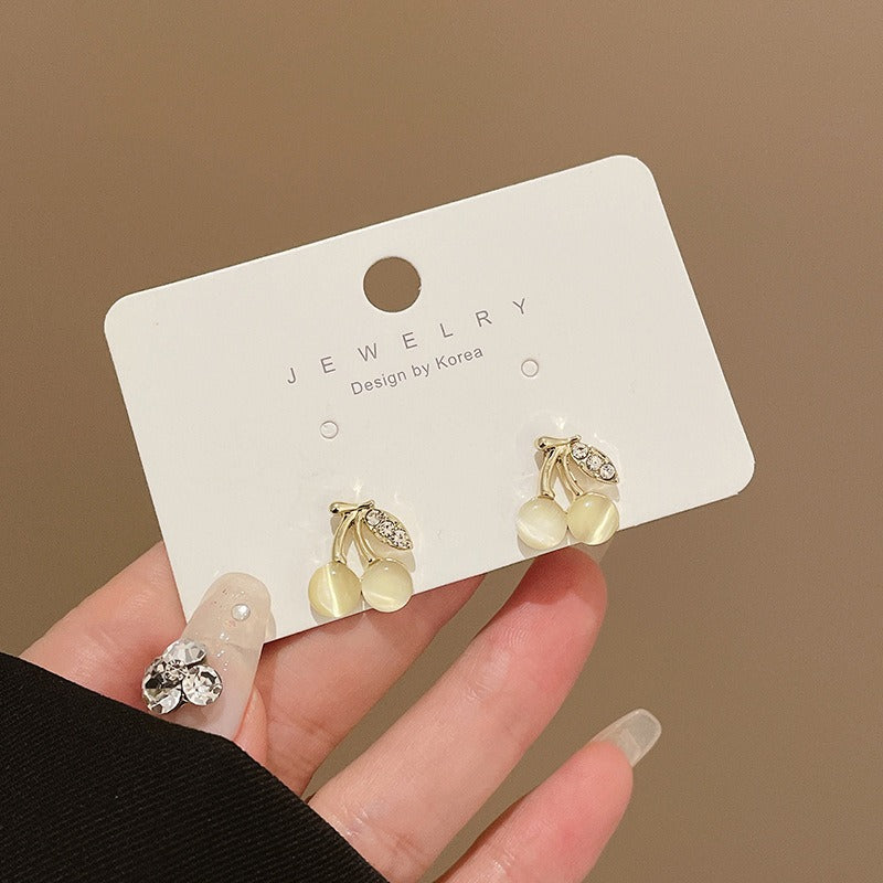 S925 Silver Needle Cat's Eye Small Earrings Female Geometric Square Love Diamond Earrings Simple Atmosphere Earrings