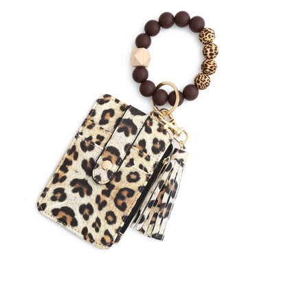 Leopard Print PU Leather Card Holder Wallet with Keychain and Bracelet