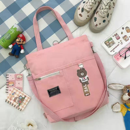 Women's Multiway Canvas Tote Bag with Bear Pendant - Crossbody/Shoulder/Backpack