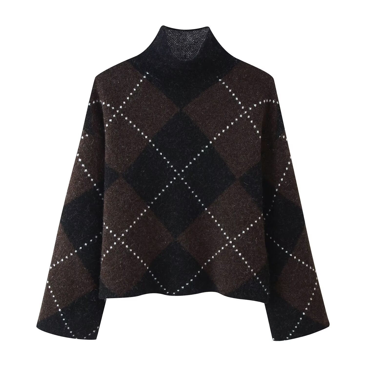 High-neck plaid pullover knit top and skirt