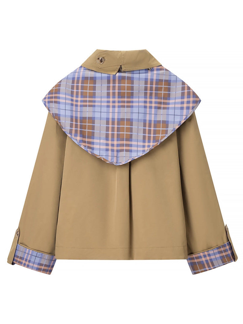 Reversible Plaid Embroidery Navy Collar Jacket