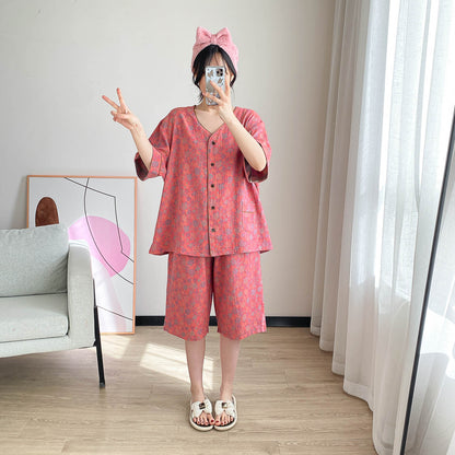 Cotton V-Neck Cropped Pajama Set