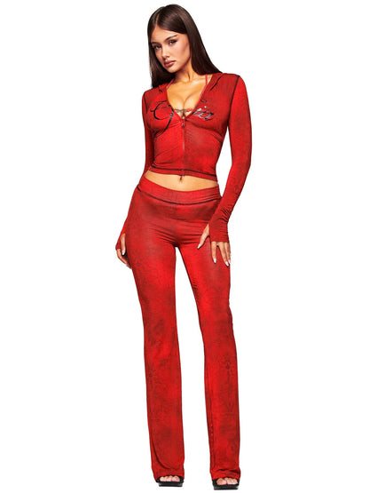 Women's Printed Hooded Long Sleeve Two-Piece Set