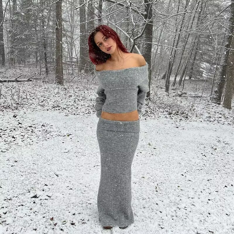 Women's Off-Shoulder Knit Top and Skirt
