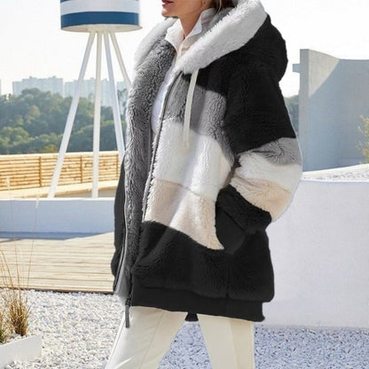 Zipper Pocket Hooded Loose Coat Women