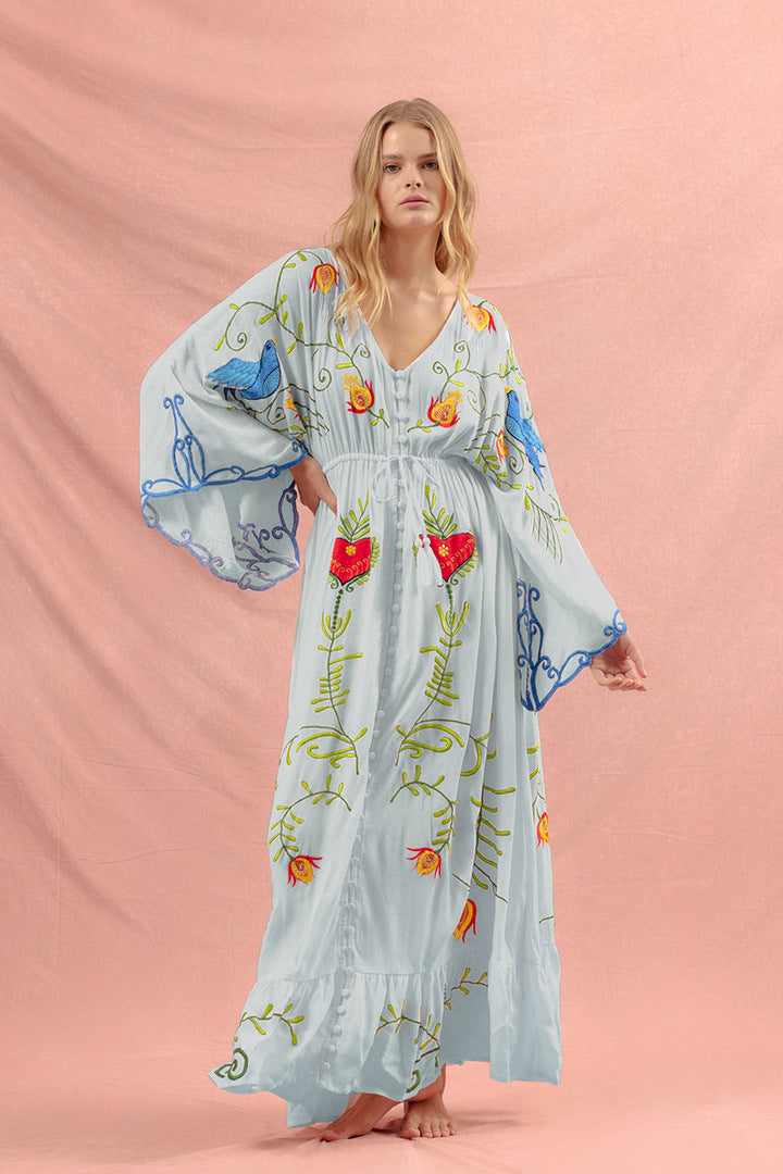 Retro long dress with openwork tassel decoration