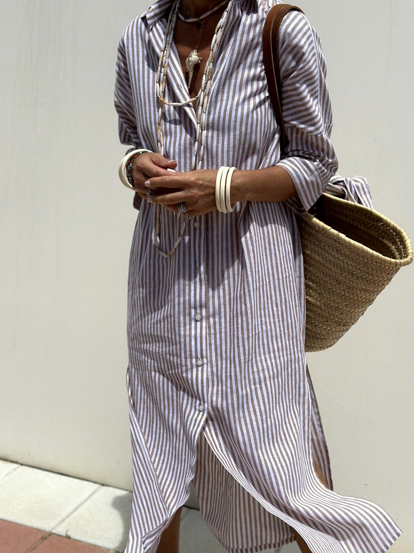 Quarter Sleeve Striped Shirt Dress