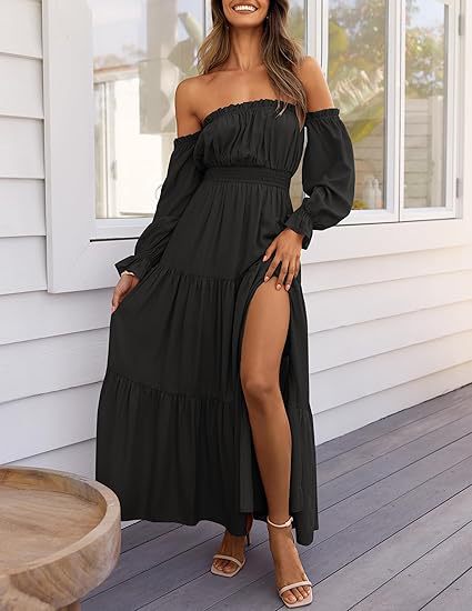 Bohemian Off-Shoulder Smocked Tiered Long Dress